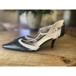 Ann Taylor LOFT Black Beige Leather Heels T-Strap Pumps 7.5M Made in Brazil